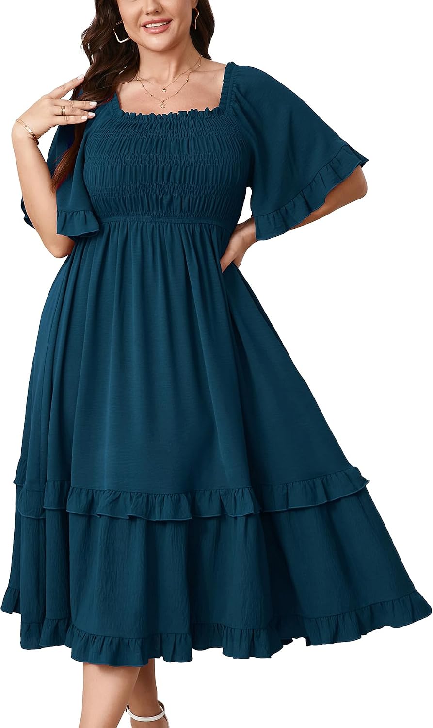 SCOMCHIC Women's Plus Size Maxi Summer Wedding Guest Cocktail Boho Dresses | Short Sleeve, Square Neck Smocked, A line, Fall, Elegant Flowy Long Dress
