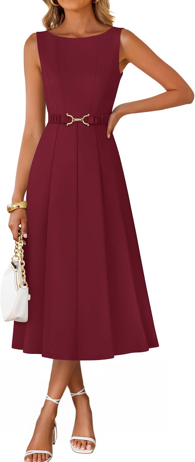 ZESICA Women's Summer Sleeveless 2026 Formal Cocktail Party Midi Dresses | Boat Neck, Flowy A Line Tie Waist, Business Casual Work Office Dressy Outfits, Elegant Beach Wedding Guest Graduation Dress