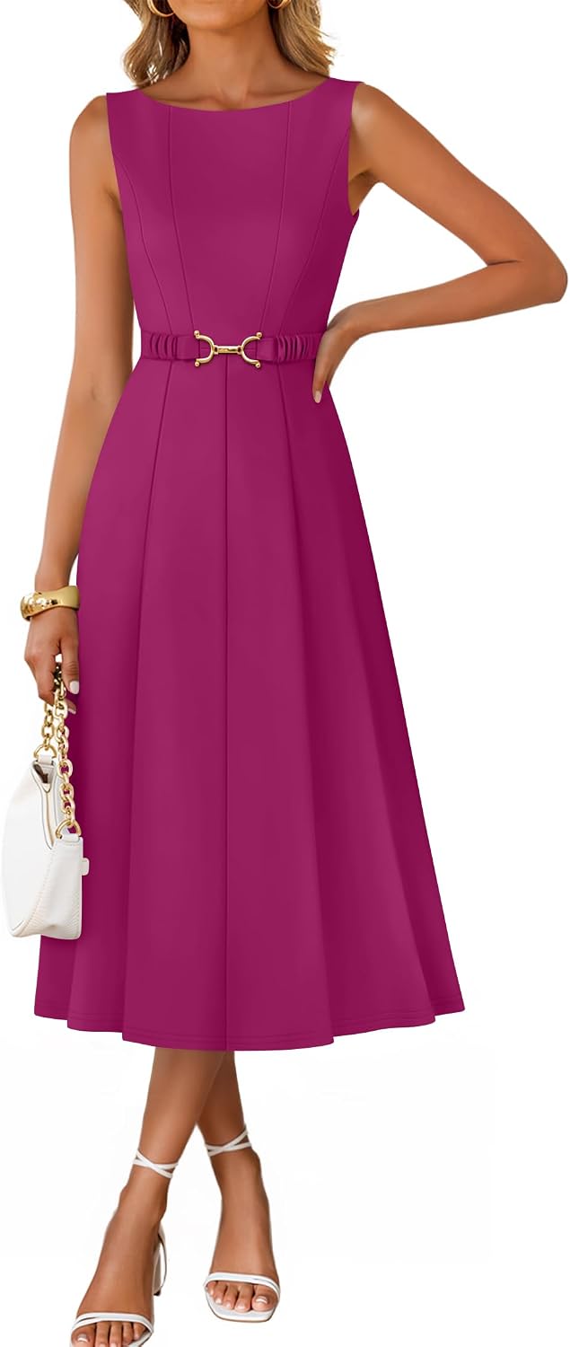 ZESICA Women's Summer Sleeveless 2026 Formal Cocktail Party Midi Dresses | Boat Neck, Flowy A Line Tie Waist, Business Casual Work Office Dressy Outfits, Elegant Beach Wedding Guest Graduation Dress