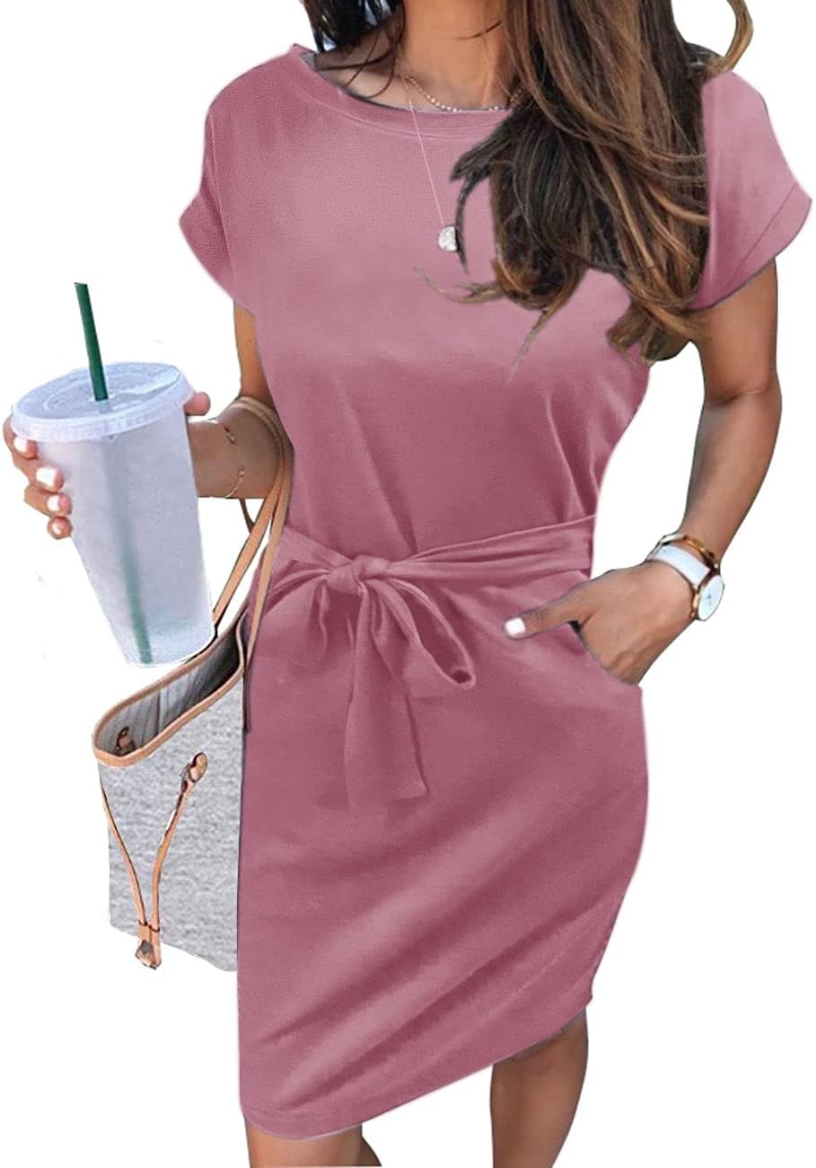 MEROKEETY Women's 2026 Summer Short Sleeve Casual T Shirt Dress | Striped, Tie Waist, Crew Neck, Work Vacation Beach, Trendy Fashion Cute Short Dresses