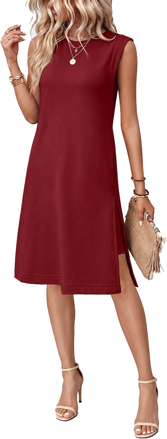 BEXIBOOM Women's Summer Casual Cap Sleeve Midi Dress with Pockets | Soft Stretch Fabric Round Neck Relaxed Fit Wrinkle-Free Side Slit And Pockets For Daily Wear, Work, Travel And Vacation