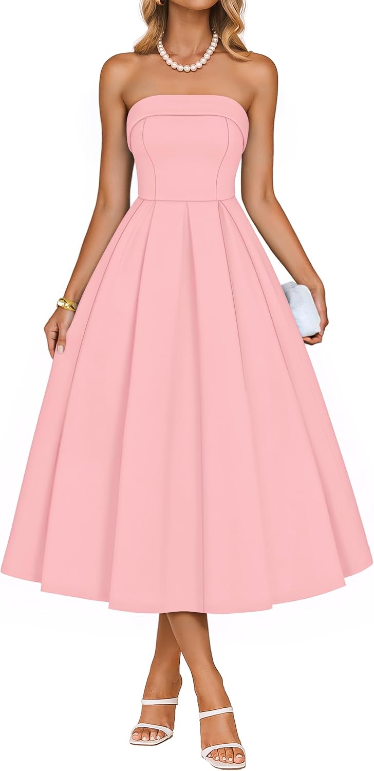 ZESICA Women's Summer Strapless Cocktail Party Dresses | Off Shoulder, Flowy A Line, Midi Dress, Wedding Guest, Semi Formal, Rehearsal Dinner, Engagement, 2026 Night Out Clothes