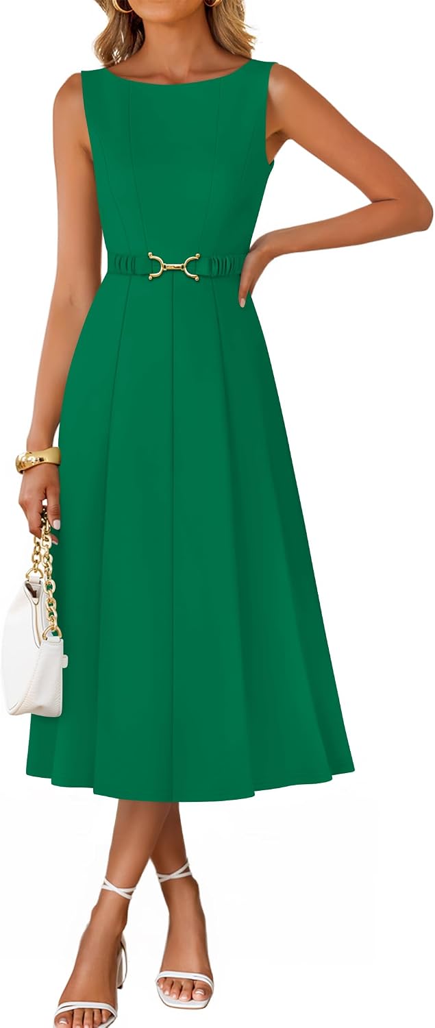 ZESICA Women's Summer Sleeveless 2026 Formal Cocktail Party Midi Dresses | Boat Neck, Flowy A Line Tie Waist, Business Casual Work Office Dressy Outfits, Elegant Beach Wedding Guest Graduation Dress