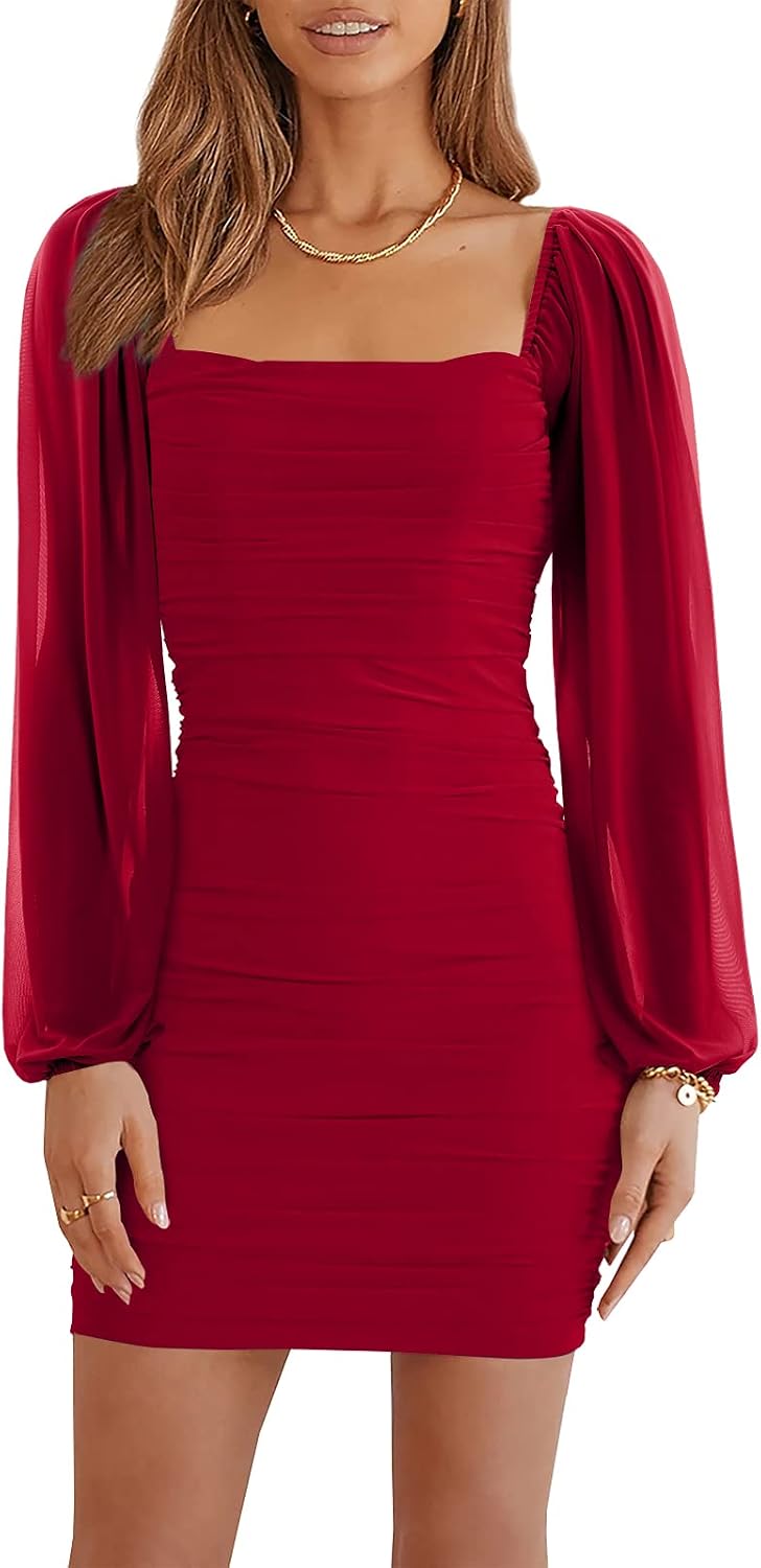 Wenrine Women Mesh Long Sleeve Square Neck Ruched Bodycon Mini Dress | Lantern Sleeve,Stretchy,Elegant,Club Party,Cocktail,Going Out,Semi Formal,Prom,Homecoming,Wedding Guest,Graduation,Teen Dress