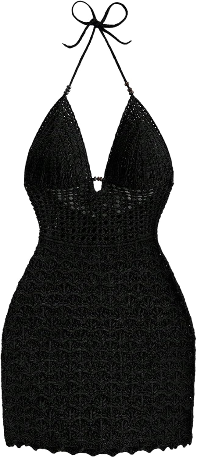GORGLITTER Women's Crochet Halter Mini Dress Western Cowgirl Sweater Dress | Boho Knit Backless Dresses, 90s Country Concert Party Festival Outfits, Rave Hippie Clothes