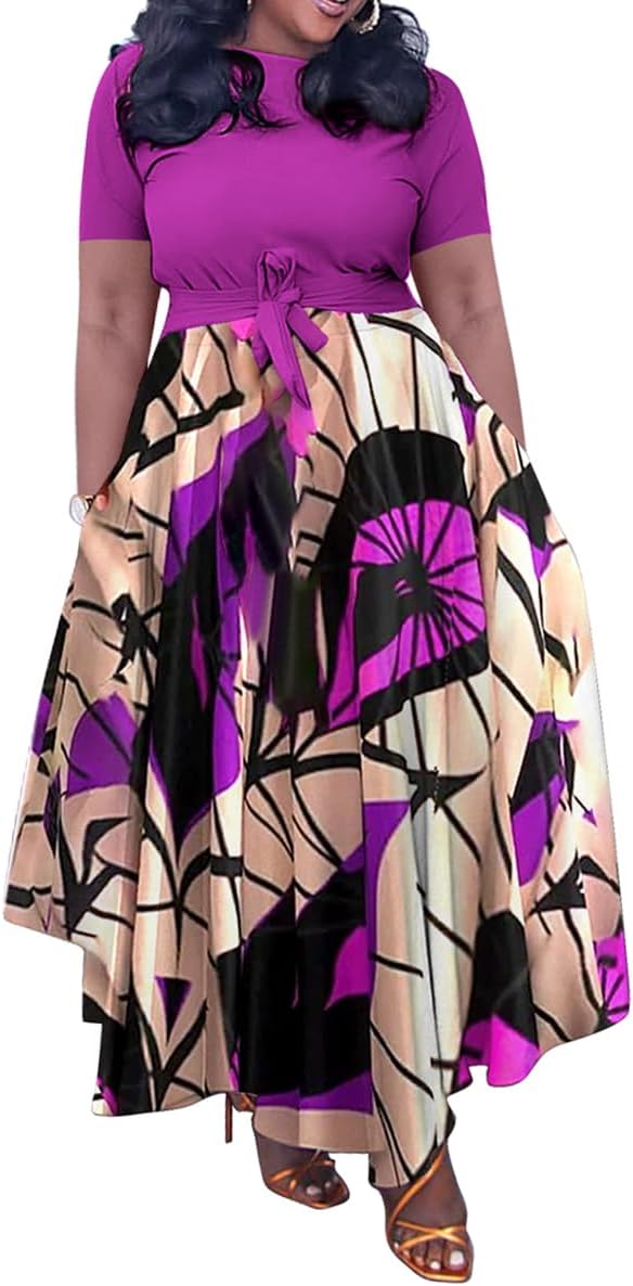 BFFBABY Plus Size Dress A Line Dresses for Women Summer Long Dresses with Sleeve Casual Belted