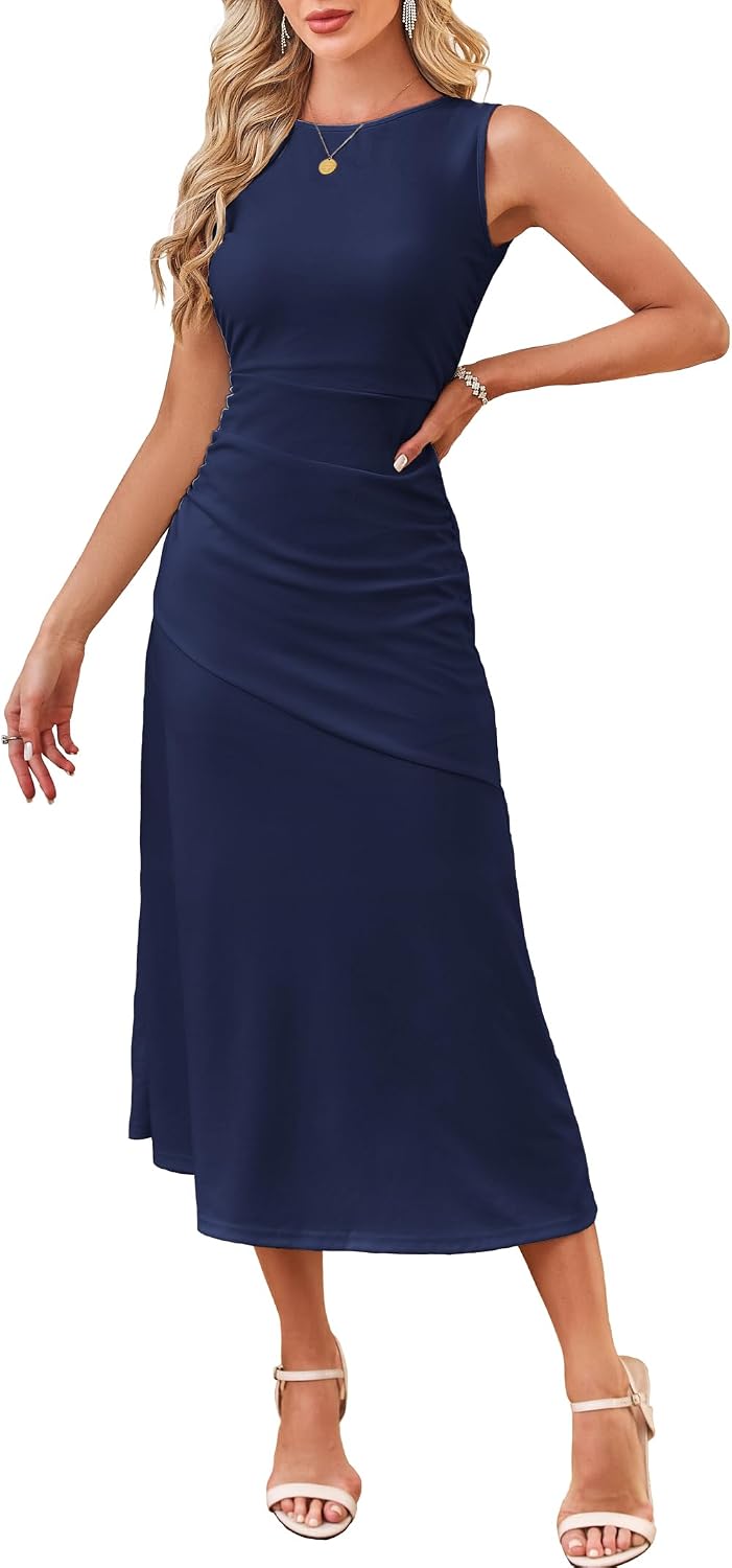 Kikibell Women's Cocktail Dresses Sleeveless Ruched Elegant Semi Formal Wedding Guest Prom Party Summer Maxi Dress