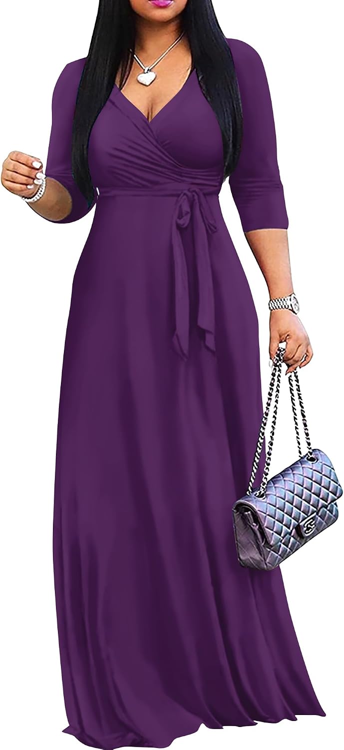 FANDEE Women's 2026 Maxi Dress - Solid Color Bohemian Summer Long Maxi Dress V-Neck 3\/4 Sleeve