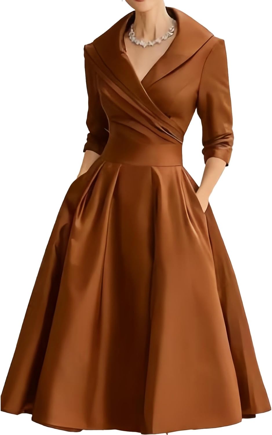 SHINFY Women's Satin Formal Wrap Long Sleeve A Line Midi Church Dress | Casual Elegant Semi-Formal V-Neck Silky Dresses with Pocket for Work Church Weddings and Dinners Polished
