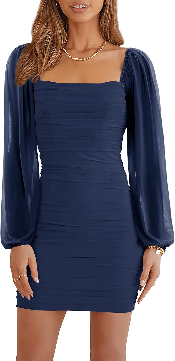 Wenrine Women Mesh Long Sleeve Square Neck Ruched Bodycon Mini Dress | Lantern Sleeve,Stretchy,Elegant,Club Party,Cocktail,Going Out,Semi Formal,Prom,Homecoming,Wedding Guest,Graduation,Teen Dress