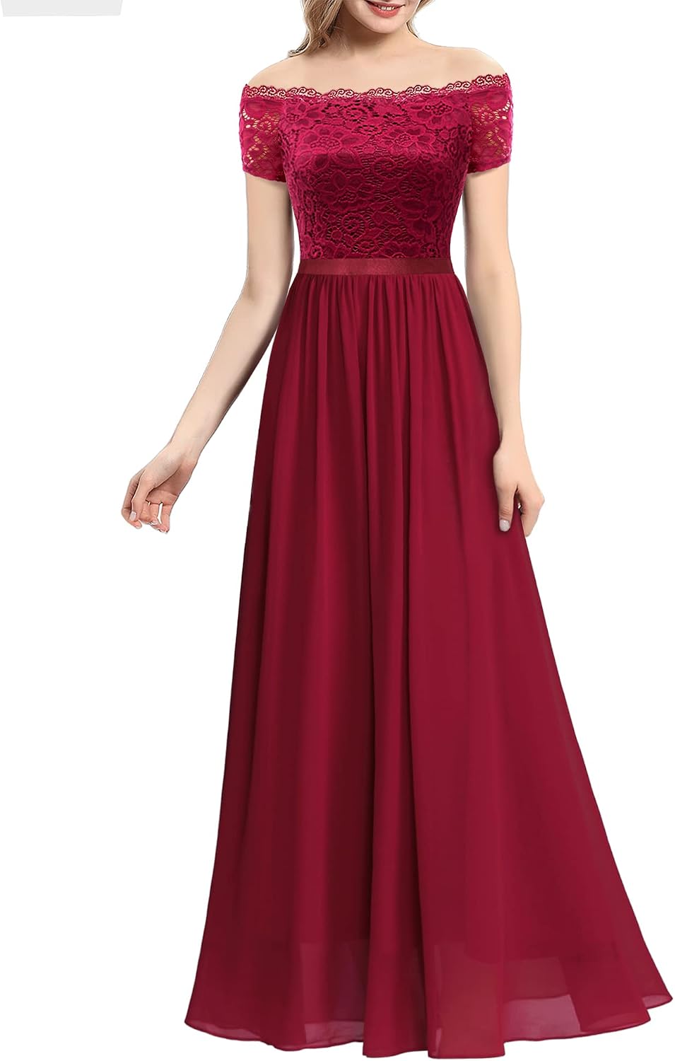 Dressystar Women's Lace Off Shoulder Cocktail Formal Wedding Guest Dress | Hi Lo Bridesmaid Wedding Dresses,Short Sleeve Party Swing Dress, A Line Design,Convertible Neckline,Soft Lace Long Dress
