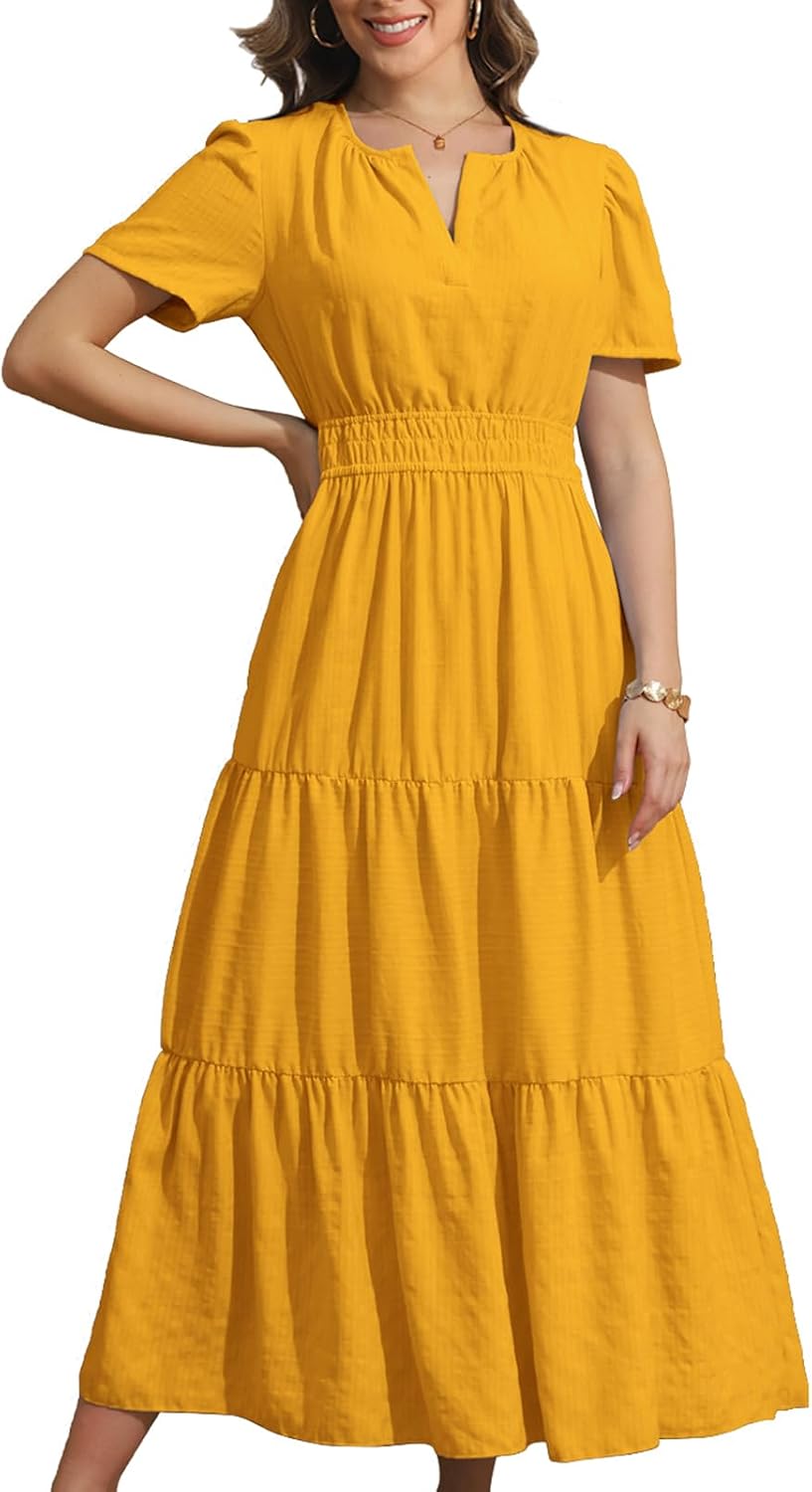 Rainday Maxi Dresses for Women Short Sleeves Casual Dress with Pockets | fabric soft,flattering comfort,with a built in slip,dress up or down,easy to wear,waist fits nicely,practical 2 sides pockets