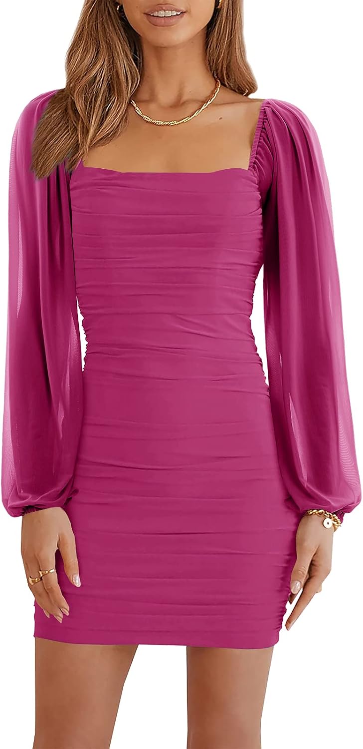 Wenrine Women Mesh Long Sleeve Square Neck Ruched Bodycon Mini Dress | Lantern Sleeve,Stretchy,Elegant,Club Party,Cocktail,Going Out,Semi Formal,Prom,Homecoming,Wedding Guest,Graduation,Teen Dress