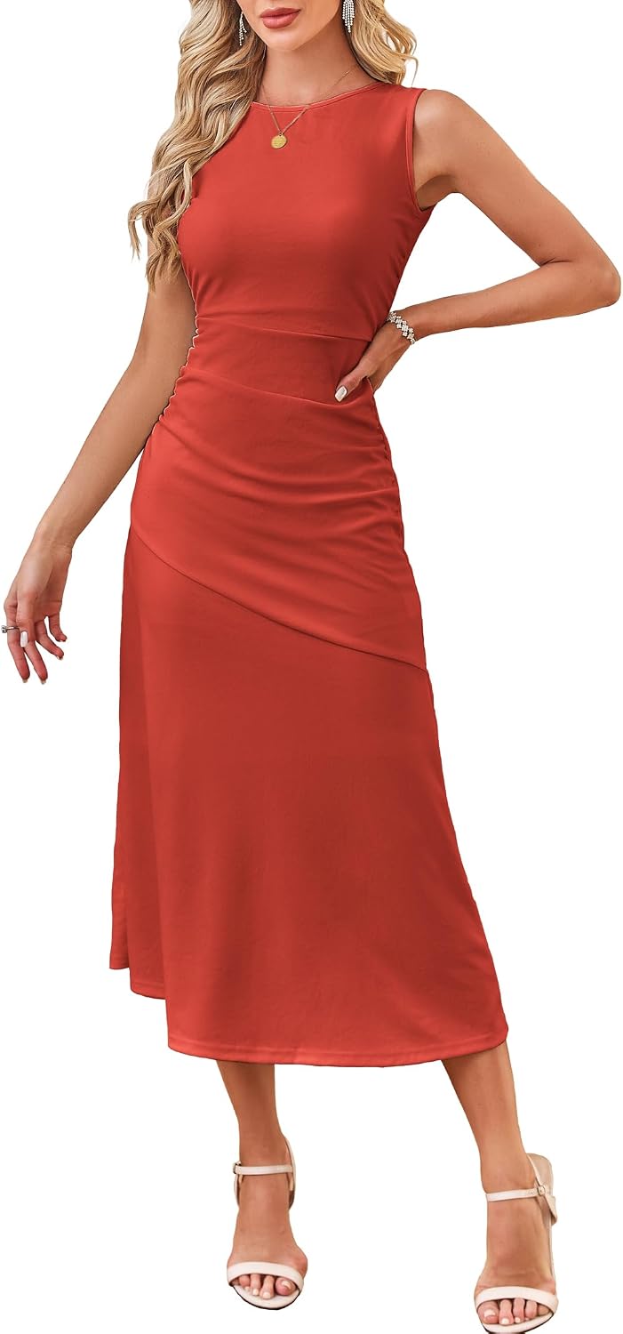 Kikibell Women's Cocktail Dresses Sleeveless Ruched Elegant Semi Formal Wedding Guest Prom Party Summer Maxi Dress