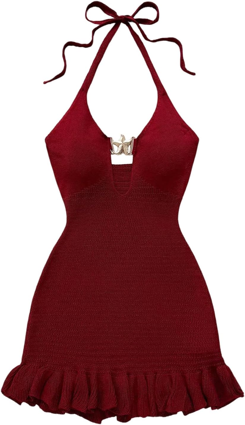 GORGLITTER Women's Crochet Halter Mini Dress Western Cowgirl Sweater Dress | Boho Knit Backless Dresses, 90s Country Concert Party Festival Outfits, Rave Hippie Clothes