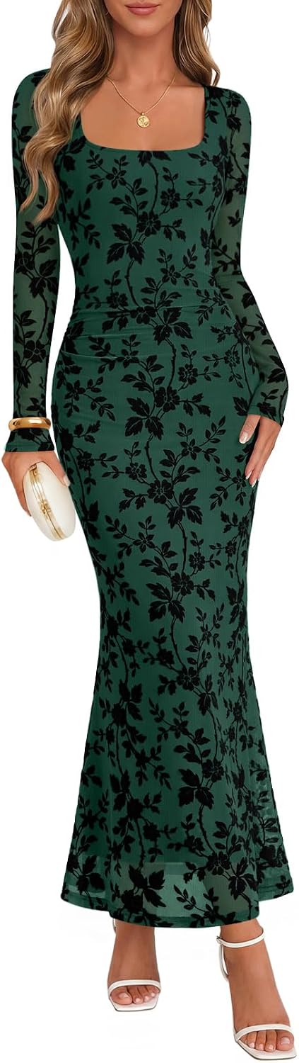 MEROKEETY Women Fall Formal Wedding Guest Long Sleeve Floral Cocktail Dress | 2026, Maxi, Flocked Mesh Fabric, Square Neck, Bodycon, Fitted, Ruched, Baby Shower, Bridal Shower, Winter Holiday Party Dress
