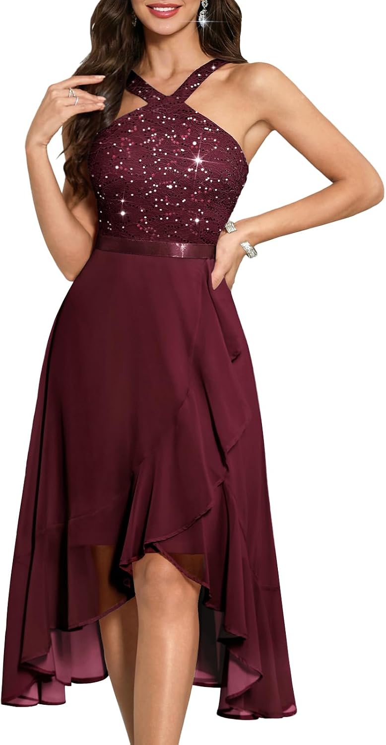 Bbonlinedress Women's Halter Formal Wedding Guest Cocktail Dress Sequin Hi-Lo Prom Bridesmaid Evening Chiffon Dress for Teens