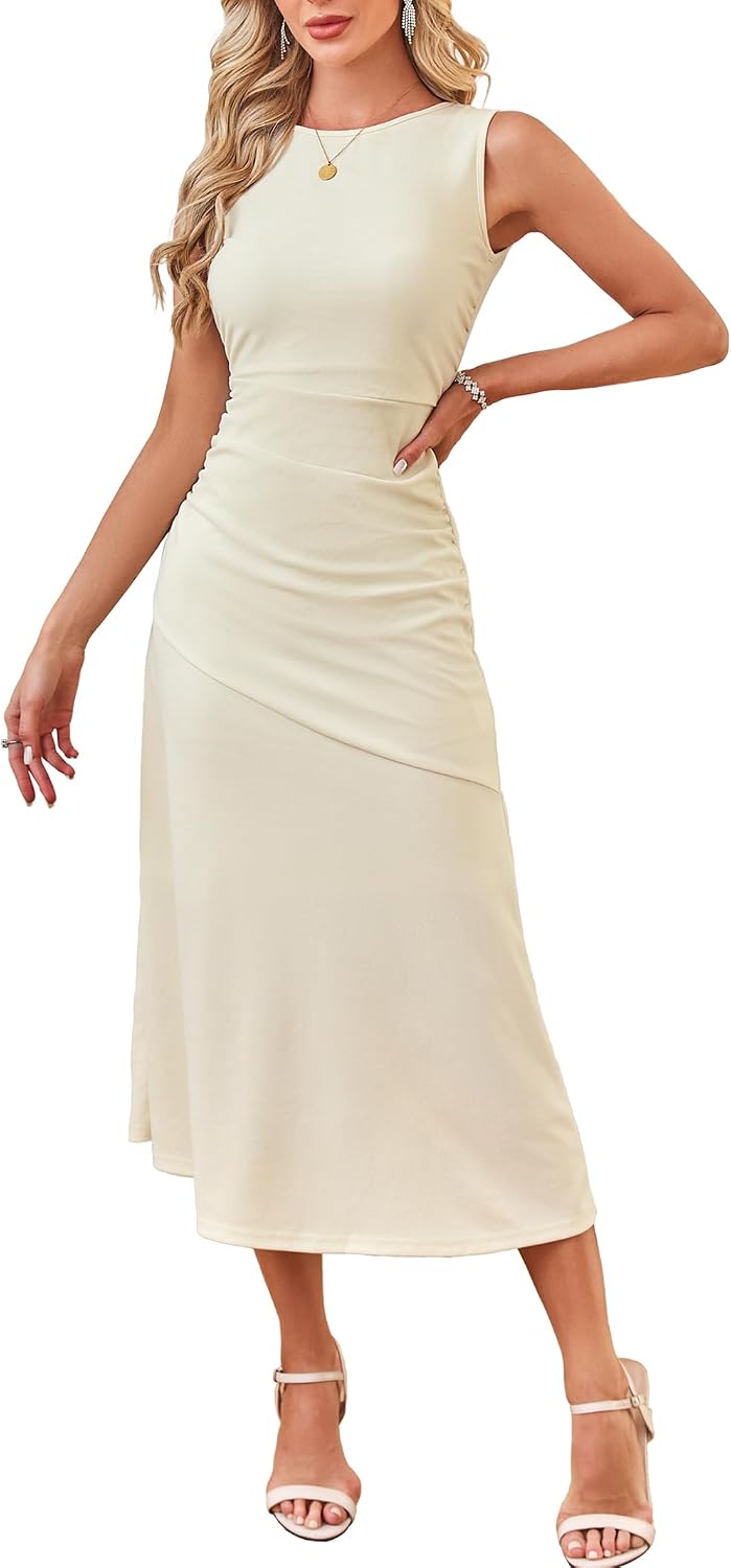 Kikibell Women's Cocktail Dresses Sleeveless Ruched Elegant Semi Formal Wedding Guest Prom Party Summer Maxi Dress