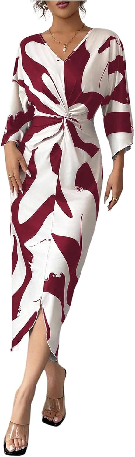 SweatyRocks Women's Twist Front V Neck Cow Print Long Dress Elegant 3\/4 Ruffle Sleeve Cocktail Dresses