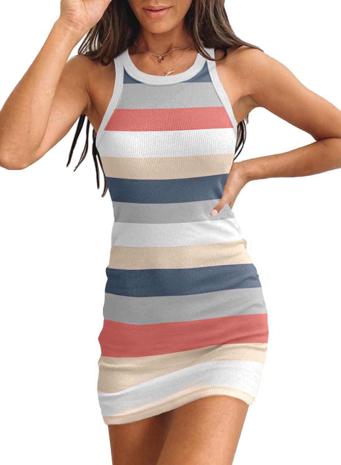 Womens Summer Ribbed Knit Tank Dress Sleeveless Casual Bodycon Mini Dress | Soft Stretchy Rib Knit Fabric Slim Fit, Scoop Neck, Versatile Sleeveless Casual Days, Vacations, Nights Out