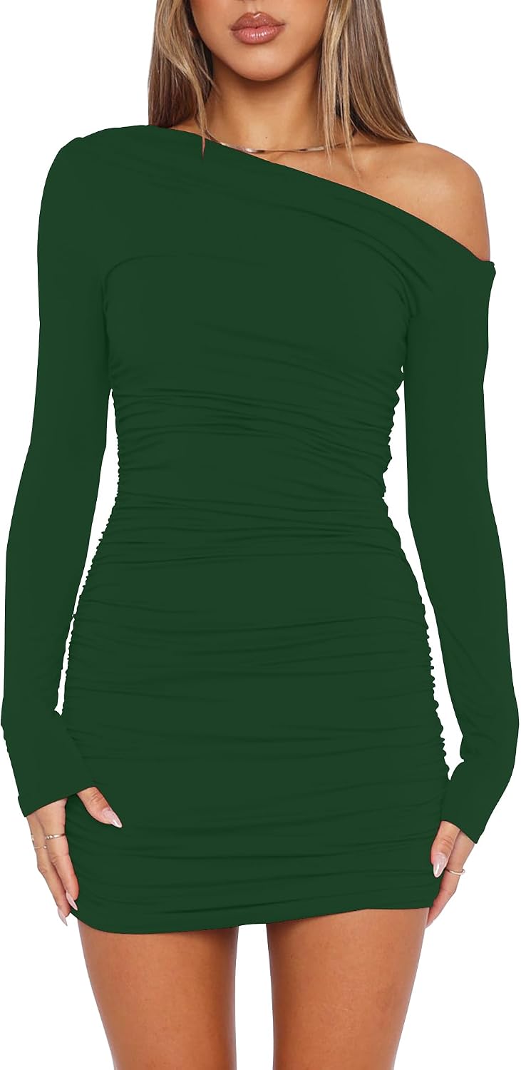 Mokoru Women's Sexy Off Shoulder Long Sleeve Cocktail Mini Dress | Elegant Ruched Bodycon Party Short Dresses