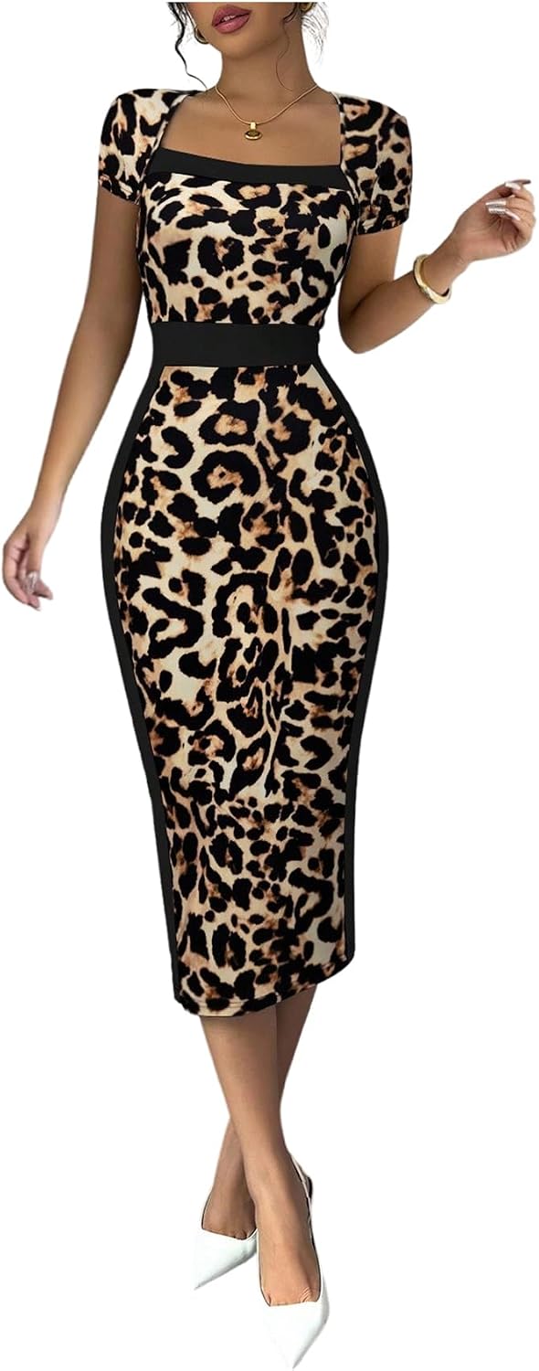 SOLY HUX Women's Black White Pencil Bodycon Midi Dress | Pencil Midi Dress Short Sleeve Bodycon Elegant Business Dresses Cocktail Dresses