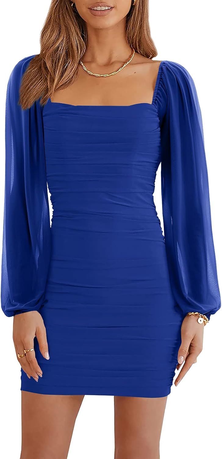 Wenrine Women Mesh Long Sleeve Square Neck Ruched Bodycon Mini Dress | Lantern Sleeve,Stretchy,Elegant,Club Party,Cocktail,Going Out,Semi Formal,Prom,Homecoming,Wedding Guest,Graduation,Teen Dress