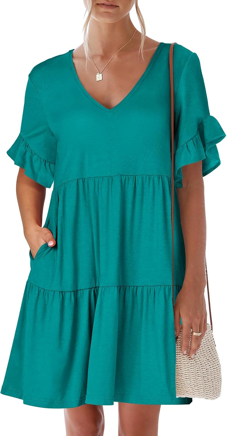 ANRABESS Dresses for Women Summer 2026 V Neck Ruffle Sleeve A Line Tiered Flowy Casual Trendy Mini Beach Dress with Pockets