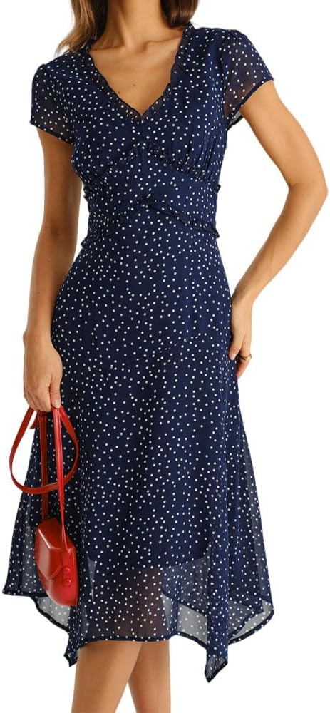 RIHOAS Women's Polka Dot Midi Dress Wrap V-Neck Short Sleeve Summer Dress | Black,Ruffle,High Low Hem,Flowy,Flatter,Cute,Elegant,Vestidos,Casual,Party,Vocation,Spring,Fall,Summer,Birthday,Church,Beach