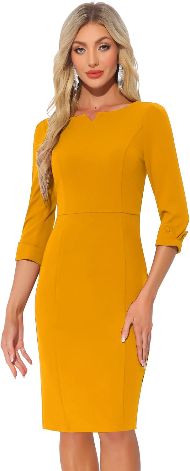 Allegra K Work Dress for Women 3\/4 Sleeve Business Casual Sheath Dresses | Boat Neck, Back Slit, Bodycon, Office, Professional, Vintage, Interview, Church Wear, Dressy Casual