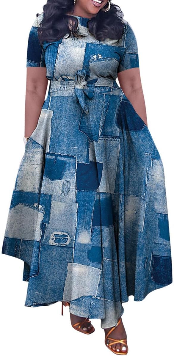 BFFBABY Plus Size Dress A Line Dresses for Women Summer Long Dresses with Sleeve Casual Belted
