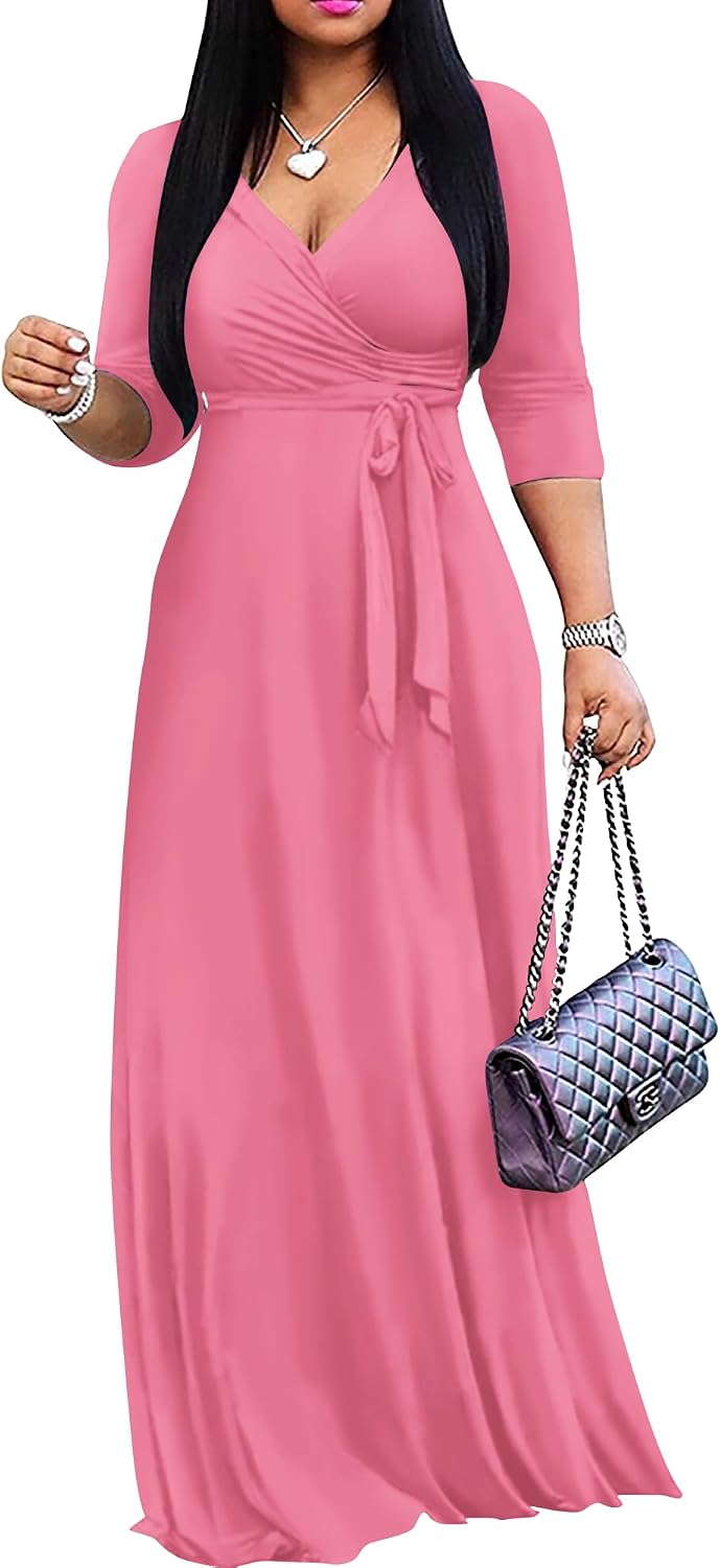 FANDEE Women's 2026 Maxi Dress - Solid Color Bohemian Summer Long Maxi Dress V-Neck 3\/4 Sleeve