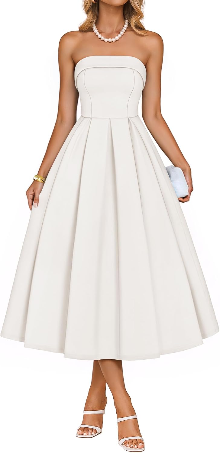 ZESICA Women's Summer Strapless Cocktail Party Dresses | Off Shoulder, Flowy A Line, Midi Dress, Wedding Guest, Semi Formal, Rehearsal Dinner, Engagement, 2026 Night Out Clothes