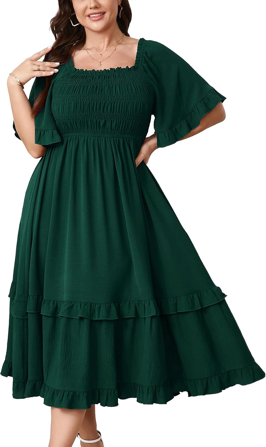 SCOMCHIC Women's Plus Size Maxi Summer Wedding Guest Cocktail Boho Dresses | Short Sleeve, Square Neck Smocked, A line, Fall, Elegant Flowy Long Dress
