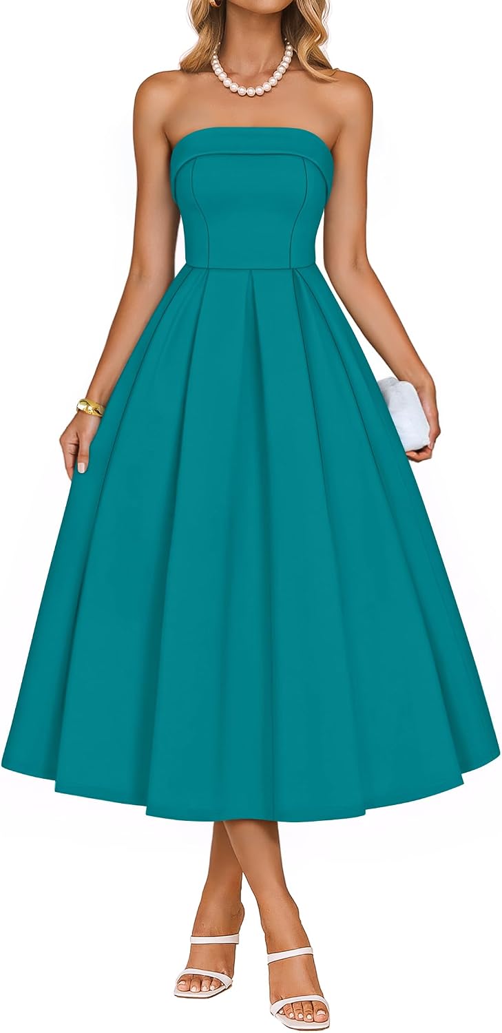 ZESICA Women's Summer Strapless Cocktail Party Dresses | Off Shoulder, Flowy A Line, Midi Dress, Wedding Guest, Semi Formal, Rehearsal Dinner, Engagement, 2026 Night Out Clothes