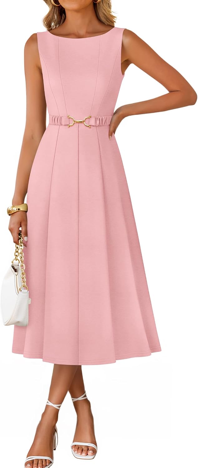 ZESICA Women's Summer Sleeveless 2026 Formal Cocktail Party Midi Dresses | Boat Neck, Flowy A Line Tie Waist, Business Casual Work Office Dressy Outfits, Elegant Beach Wedding Guest Graduation Dress
