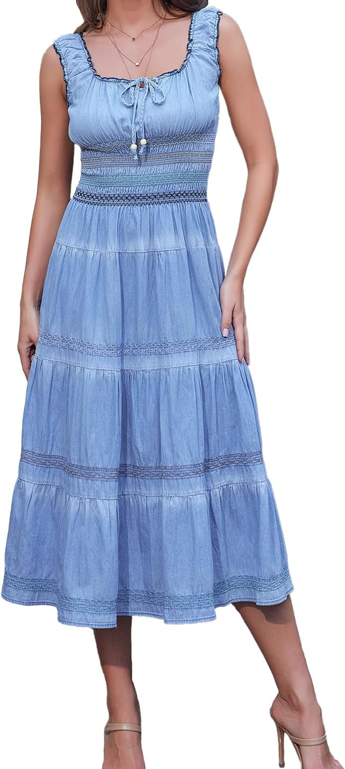 DREFBUFY Womens Denim Maxi Dress Sleeveless Summer Casual Blue Cotton Boho Flowy Long Jean Sundresses for Women