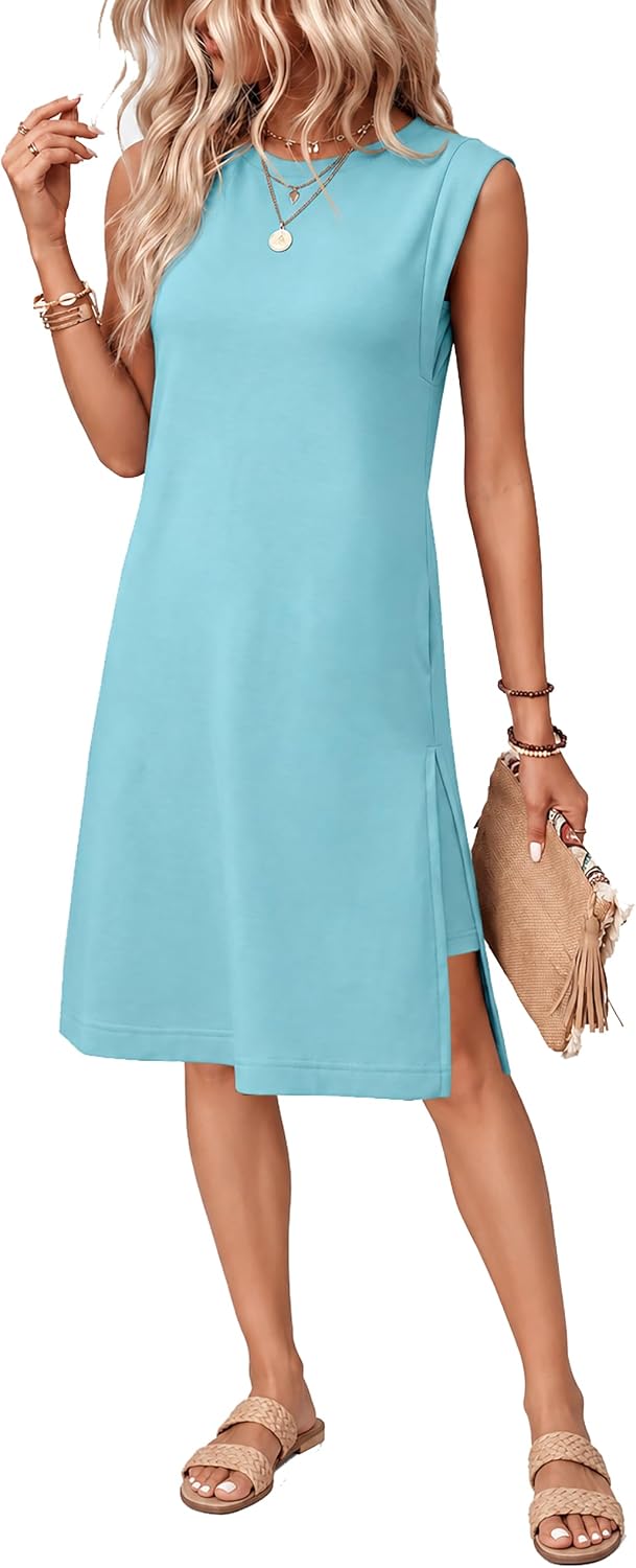 BEXIBOOM Women's Summer Casual Cap Sleeve Midi Dress with Pockets | Soft Stretch Fabric Round Neck Relaxed Fit Wrinkle-Free Side Slit And Pockets For Daily Wear, Work, Travel And Vacation