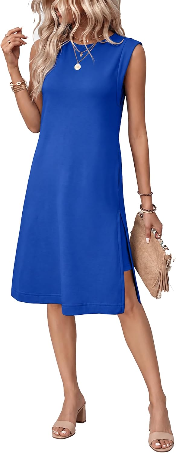 BEXIBOOM Women's Summer Casual Cap Sleeve Midi Dress with Pockets | Soft Stretch Fabric Round Neck Relaxed Fit Wrinkle-Free Side Slit And Pockets For Daily Wear, Work, Travel And Vacation