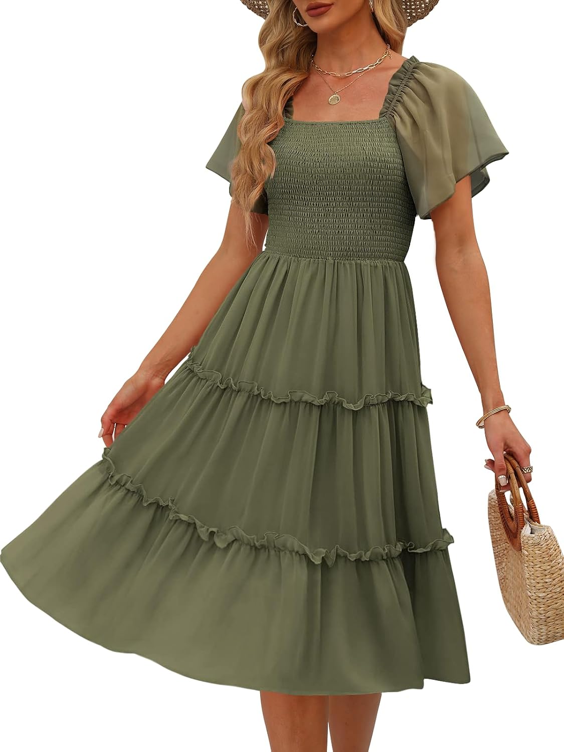 LILLUSORY Women Tiered Flutter Sleeve Square Neck Smocked Midi Dress | Beach Vacation Outfits, Boho Resort Wear, Spring & Summer Staple, Cottagecore Aesthetic Fashion