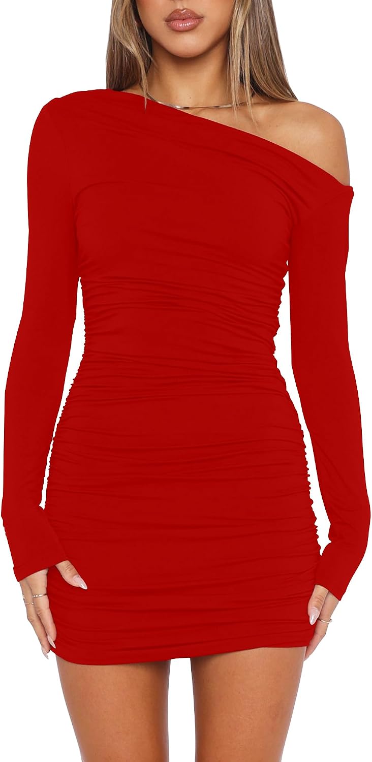 Mokoru Women's Sexy Off Shoulder Long Sleeve Cocktail Mini Dress | Elegant Ruched Bodycon Party Short Dresses