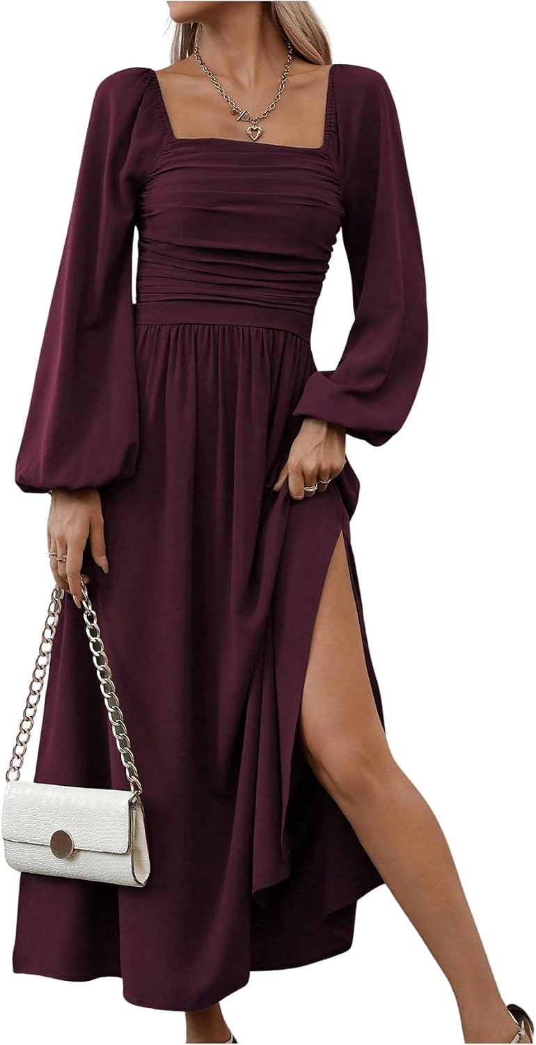Floerns Women's Square Neck Lantern Long Sleeve Split Ruched Midi Dresses | Smocked, Dressy Casual, Flowy, A Line, Elegant, Wedding Guest, 2026 Fall Fashion