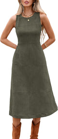 Faux Suede Dresses for Women Sleeveless Back Zipper Midi Sheath Dresses | Classic Round Neck; Functional Side Pockets; Concealed Back Zipper; Sleeveless Dresses; Night Out Dress