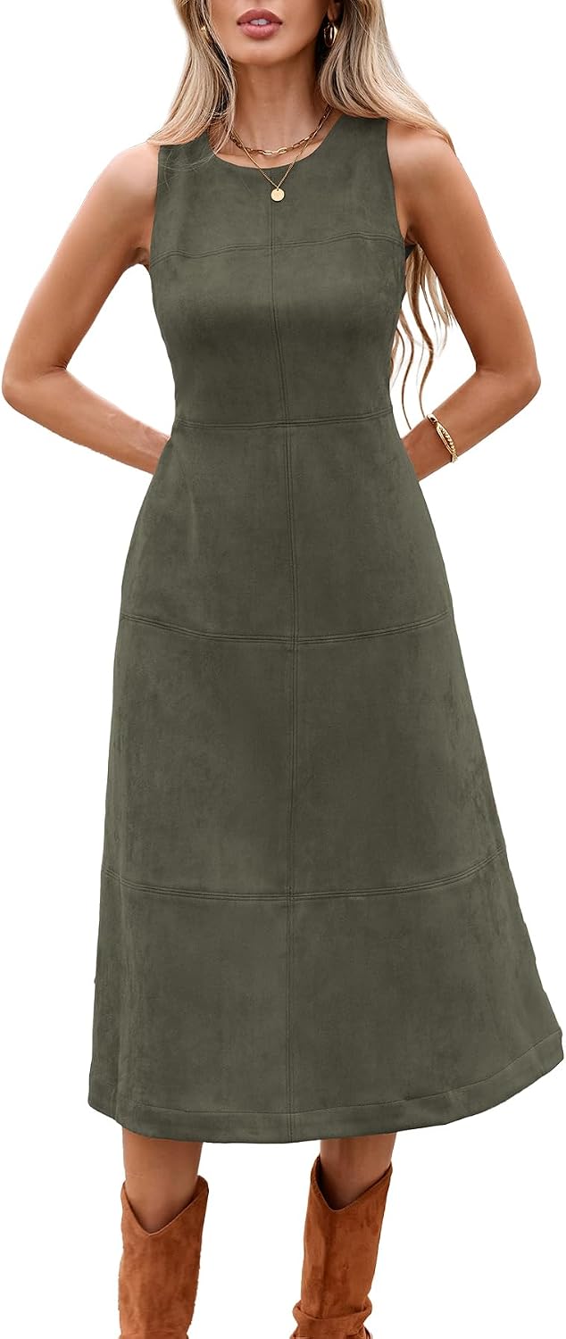 Faux Suede Dresses for Women Sleeveless Back Zipper Midi Sheath Dresses | Classic Round Neck; Functional Side Pockets; Concealed Back Zipper; Sleeveless Dresses; Night Out Dress