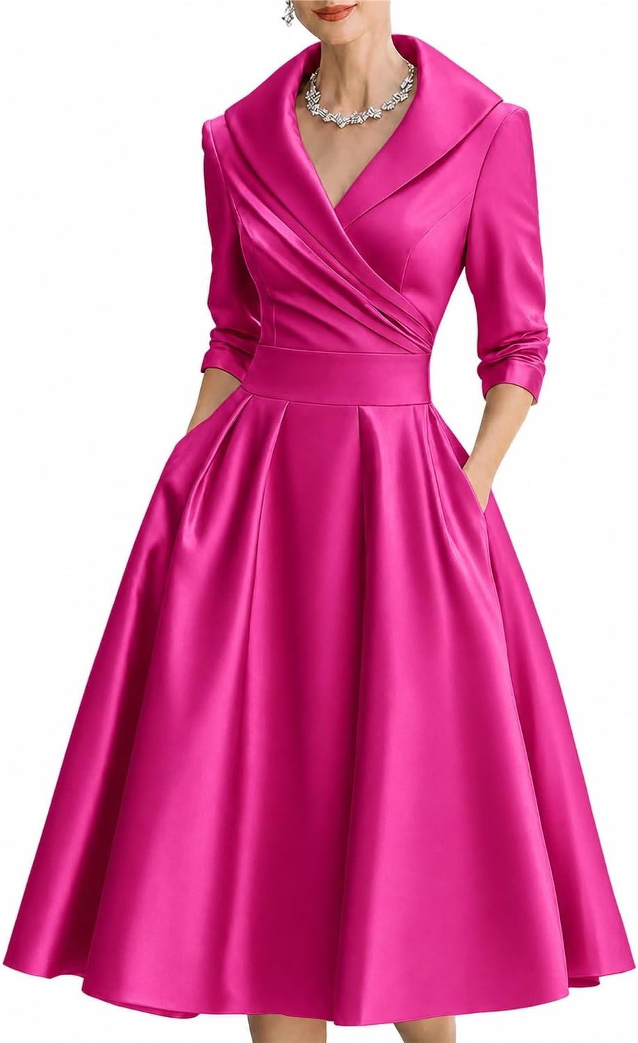 SHINFY Women's Satin Formal Wrap Long Sleeve A Line Midi Church Dress | Casual Elegant Semi-Formal V-Neck Silky Dresses with Pocket for Work Church Weddings and Dinners Polished