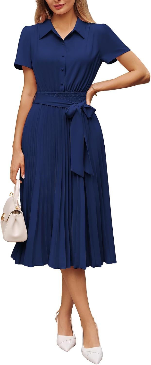 GRACE KARIN Women's 2026 Summer Midi Work Dress Short Sleeve Button Shirt Dresses A Line Pleated Belt Business Casual Dresses