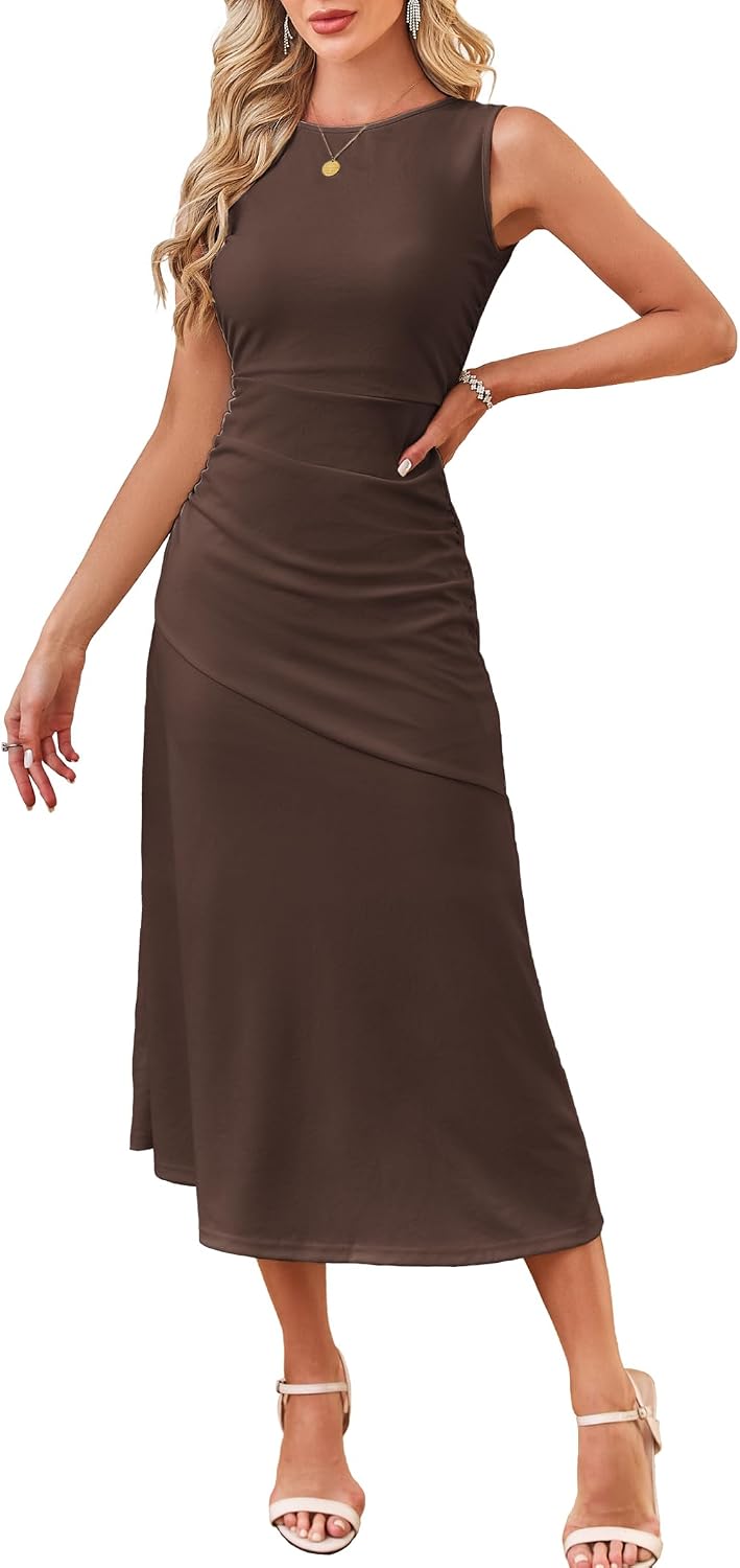 Kikibell Women's Cocktail Dresses Sleeveless Ruched Elegant Semi Formal Wedding Guest Prom Party Summer Maxi Dress