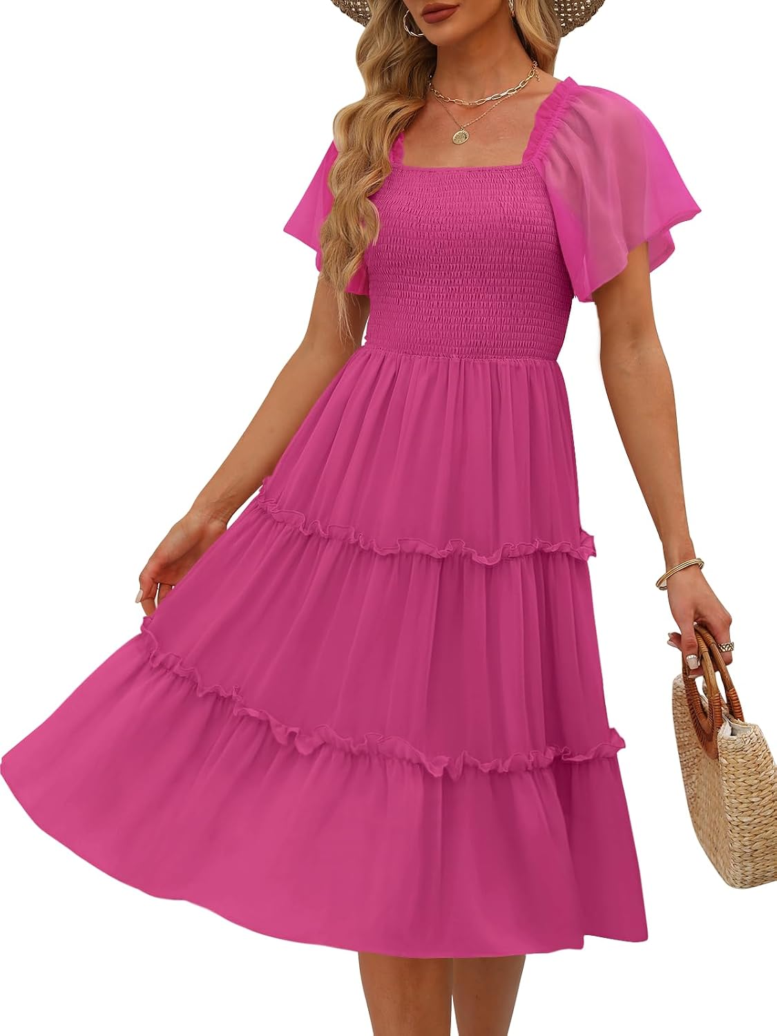 LILLUSORY Women Tiered Flutter Sleeve Square Neck Smocked Midi Dress | Beach Vacation Outfits, Boho Resort Wear, Spring & Summer Staple, Cottagecore Aesthetic Fashion