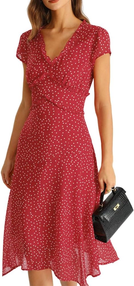 RIHOAS Women's Polka Dot Midi Dress Wrap V-Neck Short Sleeve Summer Dress | Black,Ruffle,High Low Hem,Flowy,Flatter,Cute,Elegant,Vestidos,Casual,Party,Vocation,Spring,Fall,Summer,Birthday,Church,Beach