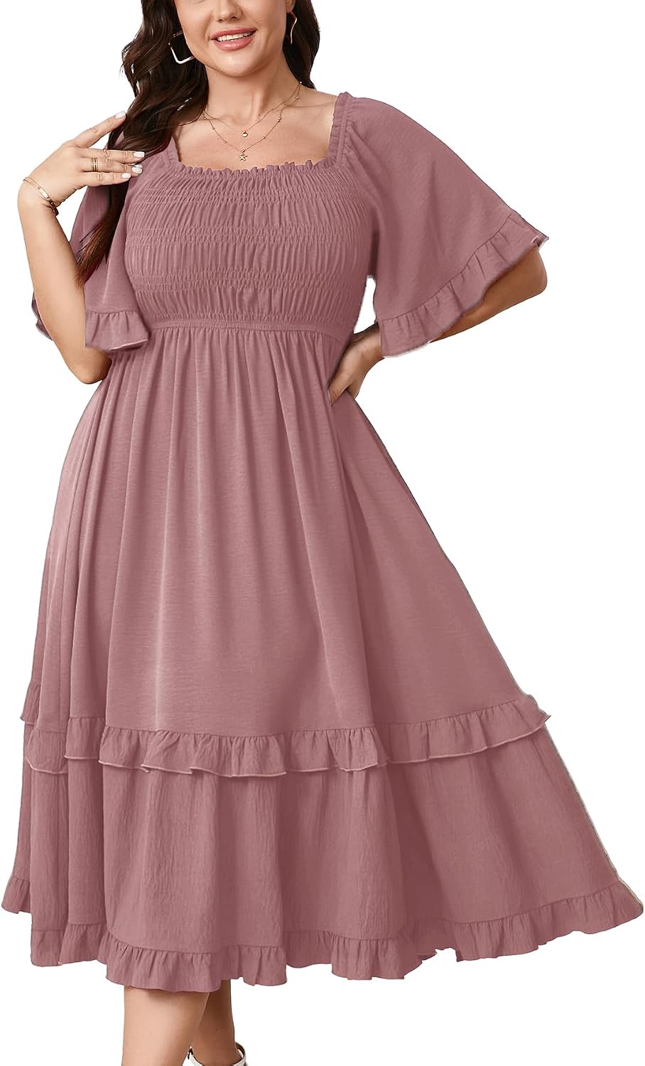 SCOMCHIC Women's Plus Size Maxi Summer Wedding Guest Cocktail Boho Dresses | Short Sleeve, Square Neck Smocked, A line, Fall, Elegant Flowy Long Dress